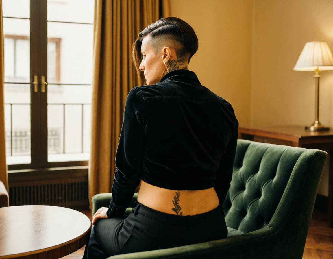 Mujer de pelo rapado a un lado y con tatuajes, vista de espaldas y de perfil, sentada en un sillón de terciopelo verde junto a una ventana en una suite de hotel