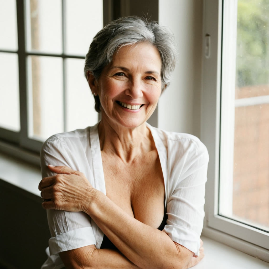 Mujer de pelo corto gris sonriendo con los brazos cruzados junto a una ventana luminosa
